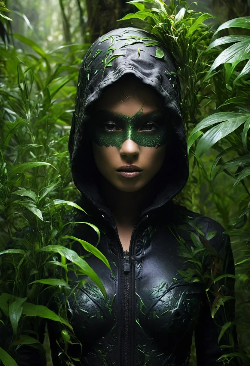 Engulfed BY green, Beautiful and exotic ((medival assassin)) sneaks through the dark, ((overgrown jungle)), hunting for prey, lithe, sexy, camouflaged with body and face paint, she wears a black open coat with a hood, dark rainforest, cleavage, plants in the foreground, background: dense primeval jungle), erotic, sexual, , (cyborg:1.3), cable, glowing, fighting stance, fighting pose, perfect face, absurdres, extremely detailed, ((correct anatomy)),