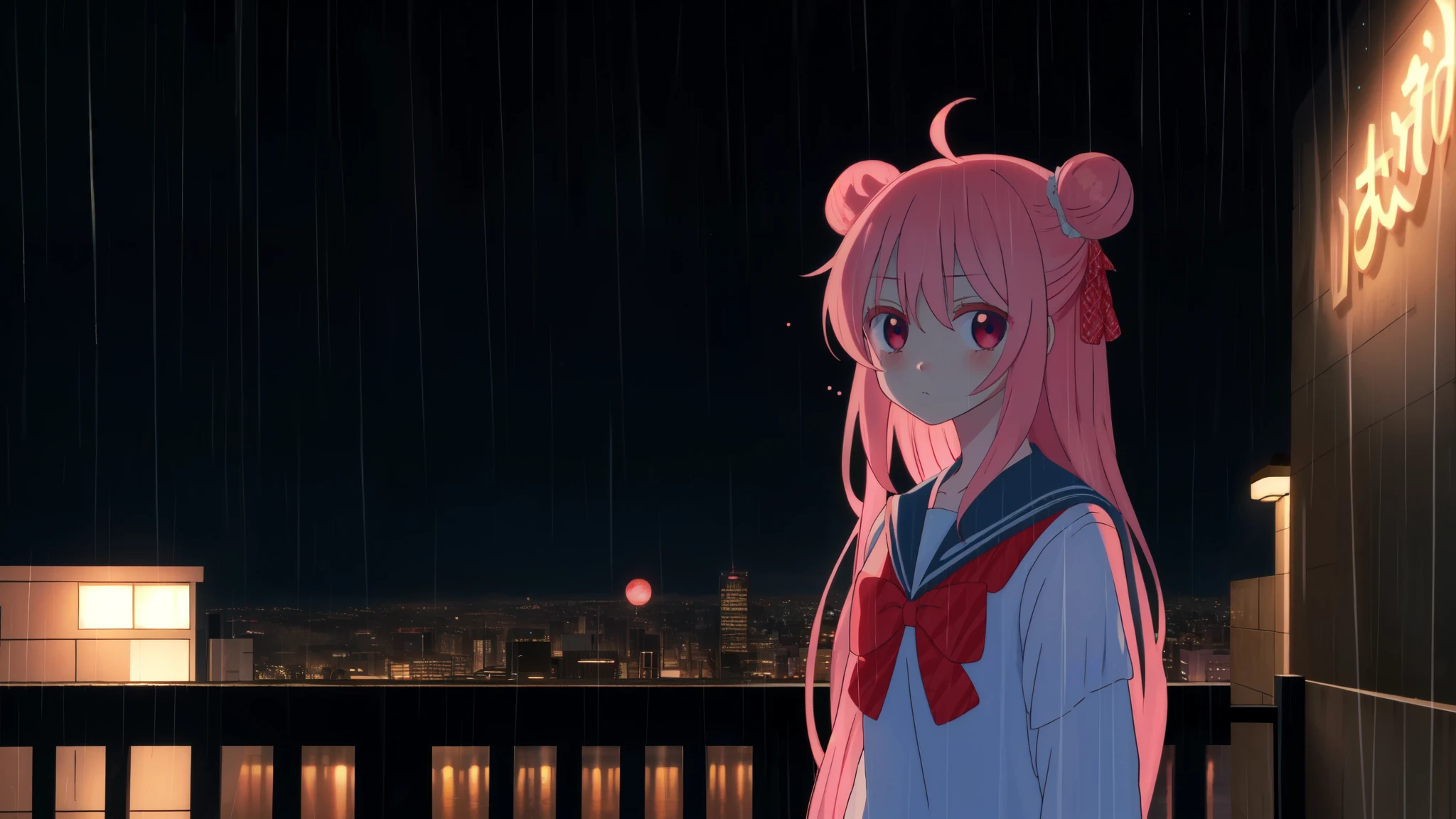 masterpiece, best quality, looking at viewer, facing viewer, bare legs, 1girl, solo, upper body, bow, serafuku, sad face, blushing, night time, raining, outdoors, city