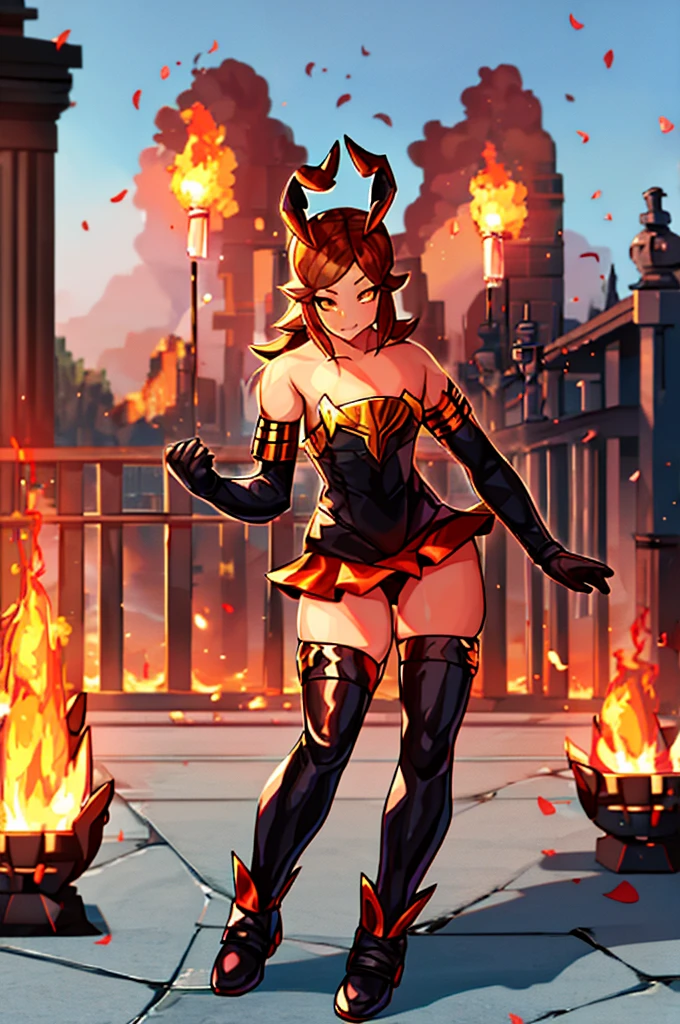 One girl,Fluttering long hair, Combat Ready, Leotard type uniform, (((Ifrit))), Black Mini Skirt,Black thigh-high socks,black elbow gloves,Black long boots,((anatomically correct)), highres, textured skin, 16K