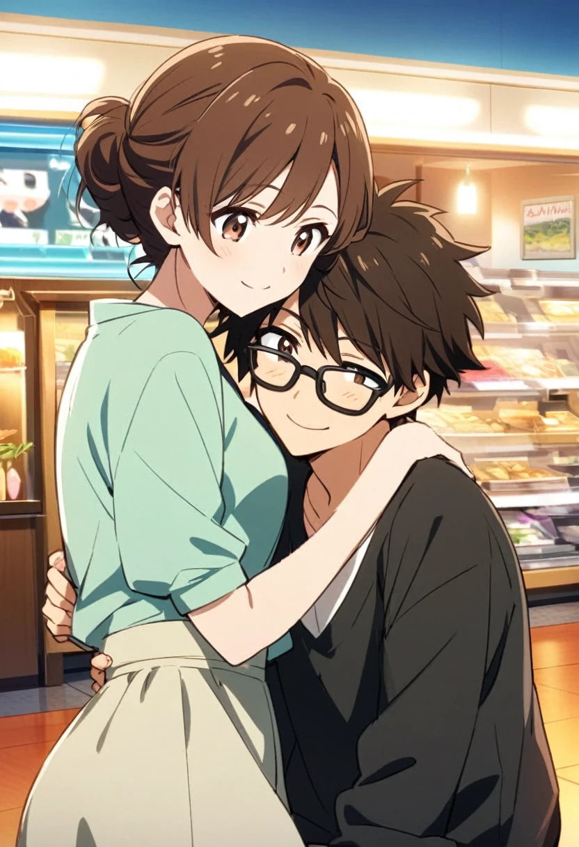 anime, two people, one beautiful female with long brown hair and no glasses, the other person is a male with short dark brown hair and black rimmed glasses, they are boyfriend and girlfriend, both smiling