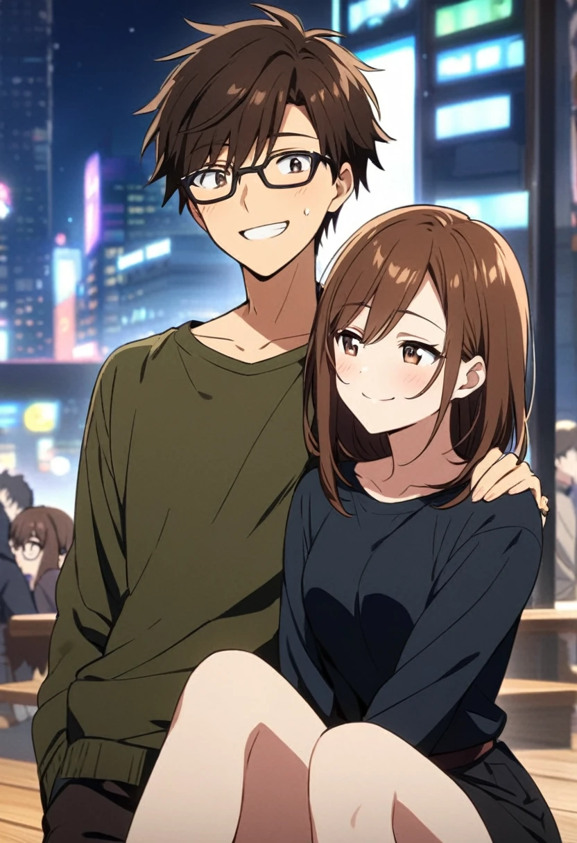 anime, two people, one beautiful female with long brown hair and no glasses, the other person is a male with short dark brown hair and black rimmed glasses, they are boyfriend and girlfriend, both smiling 