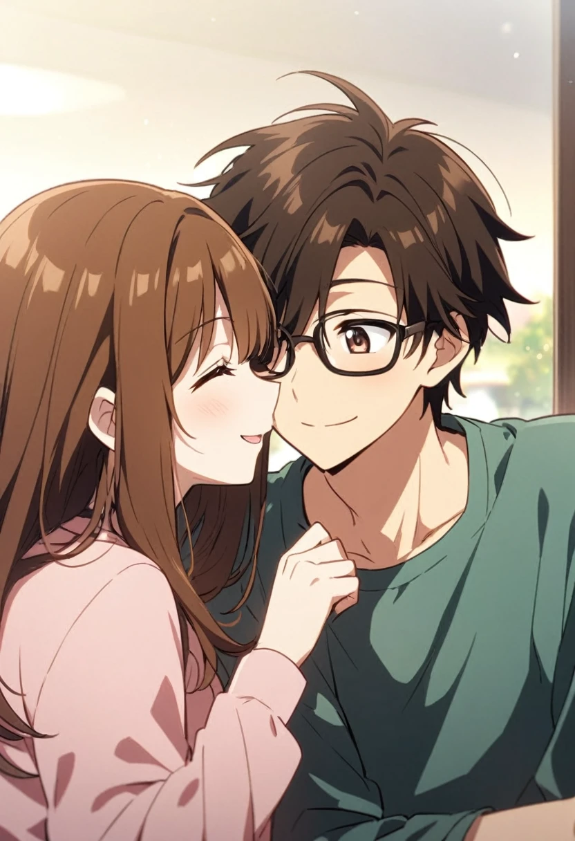 anime, two people, one beautiful female with long brown hair and no glasses, the other person is a male with short dark brown hair and black rimmed glasses, they are boyfriend and girlfriend, both smiling