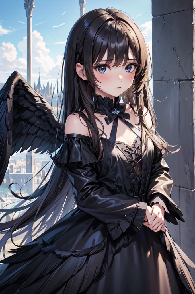 masterpiece, Angel Girl, young,,Brunette with wings, Hart neckline,Black dress with feathers, Close-up portrait, Delicate face, Lots of black feathers, silver,Black Wings, Blue sky, cloud, castle, whole body,(Cover Style:1.3)