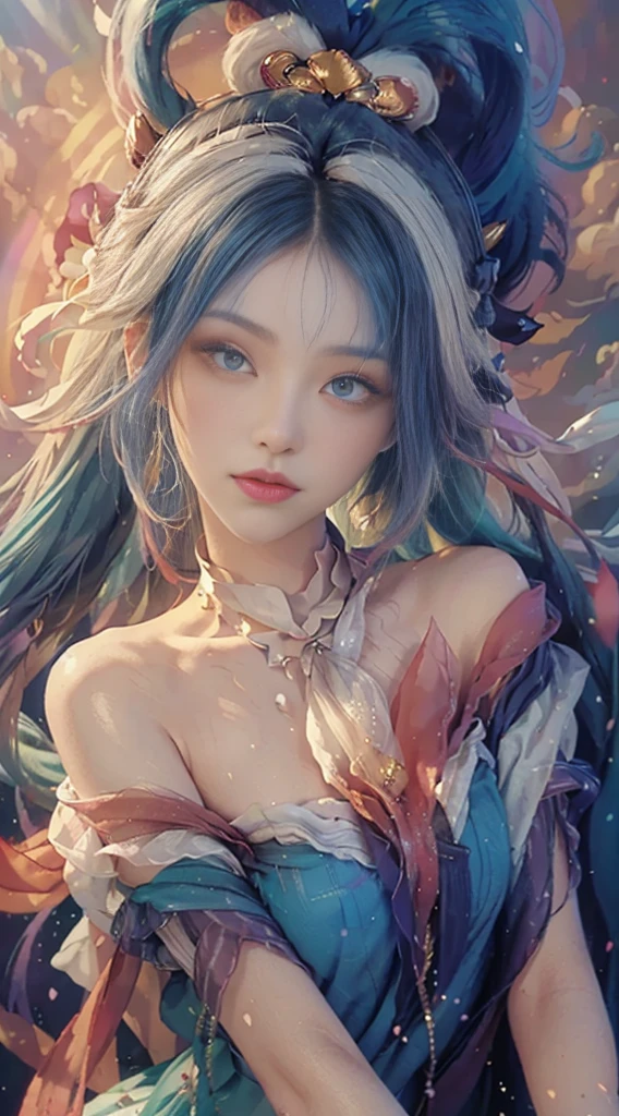 Big watery eyes, (Rainbow hair: 1.6), Splash of Color, (Solitary:1.8), (elegant: 1.2), Gorgeous, Long hair, wind, (elegant: 1.3), (petal: 1.4), ((masterpiece))), ((best quality)), (Extremely detailed), (illustration), (Dynamic Angle), ((floating), (painting), ((Loose hair)), (Solitary), (1 Girl), ( ( ( (Delicate anima face)))), ((Beautiful and delicate face)), collar, Bare shoulders, White hair, ((Colored hair)), ((Striped hair)), Beautiful and delicate eyes, ((Gradient eyes), (Colored eyes))), (White clouds background))), (High Saturation))), ((Surrounded by colorful colors))