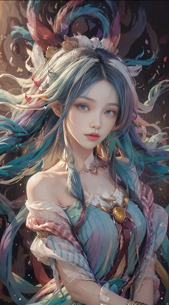 Big watery eyes, (Rainbow hair: 1.6), Splash of Color, (Solitary:1.8), (elegant: 1.2), Gorgeous, Long hair, wind, (elegant: 1.3), (petal: 1.4), ((masterpiece))), ((best quality)), (Extremely detailed), (illustration), (Dynamic Angle), ((floating), (painting), ((Loose hair)), (Solitary), (1 Girl), ( ( ( (Delicate anima face)))), ((Beautiful and delicate face)), collar, Bare shoulders, White hair, ((Colored hair)), ((Striped hair)), Beautiful and delicate eyes, ((Gradient eyes), (Colored eyes))), (White clouds background))), (High Saturation))), ((Surrounded by colorful colors))