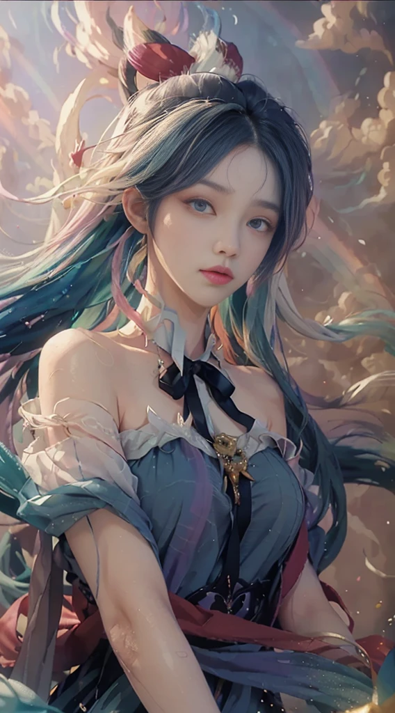 Big watery eyes, (Rainbow hair: 1.6), Splash of Color, (Solitary:1.8), (elegant: 1.2), Gorgeous, Long hair, wind, (elegant: 1.3), (petal: 1.4), ((masterpiece))), ((best quality)), (Extremely detailed), (illustration), (Dynamic Angle), ((floating), (painting), ((Loose hair)), (Solitary), (1 Girl), ( ( ( (Delicate anima face)))), ((Beautiful and delicate face)), collar, Bare shoulders, White hair, ((Colored hair)), ((Striped hair)), Beautiful and delicate eyes, ((Gradient eyes), (Colored eyes))), (White clouds background))), (High Saturation))), ((Surrounded by colorful colors))