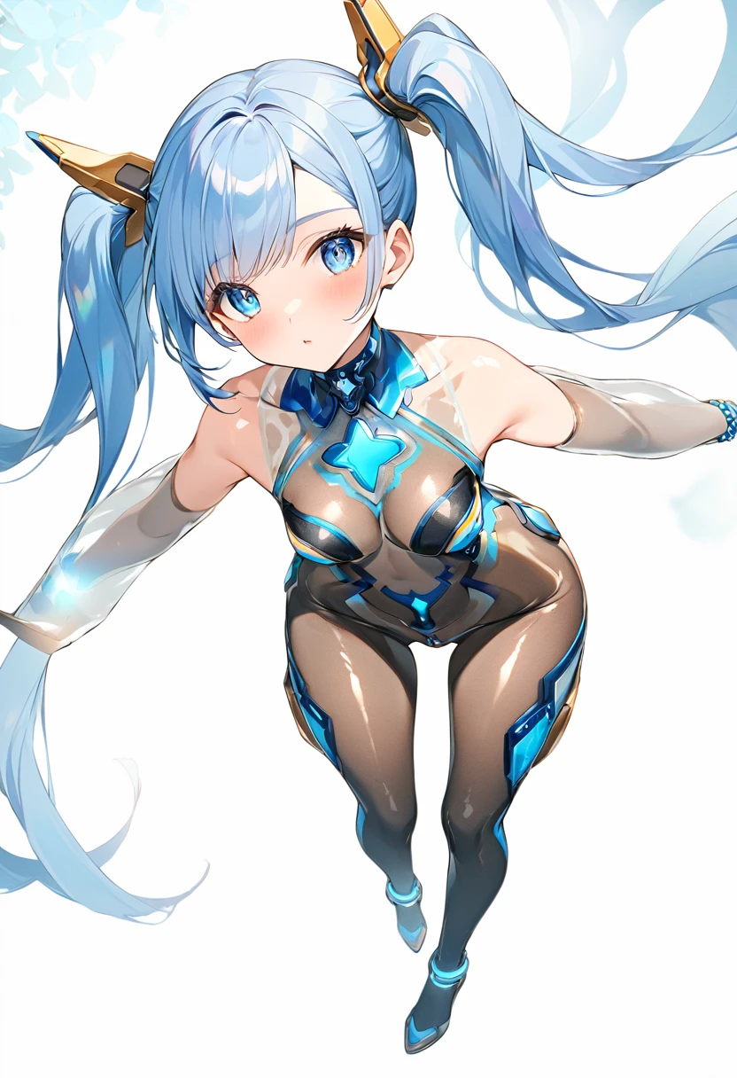 Blue Star,Twin tails,See-through,Top view,Standing on a white floor,See-through,Blue light pattern,sexyデザインのSee-throughボディスーツ,Transparent skin,胸元にBlue Starのデザイン,胸元がSee-throughボディスーツ,Shiny bodysuit,sexy,Big blue light bracelet,Big blue light anklet,Blue light accessories that dig into your thighs,Accentuated chest,Accentuated chest shape,Close-up of face and chest,Blue Star,Twin tails,Top view,Standing on a white floor,Blue light pattern,See-throughボディスーツ,A bodysuit with an open chest and exposed skin,Shiny bodysuit,sexy,Large bracelet,Big anklet,Accessories that dig into your thighs