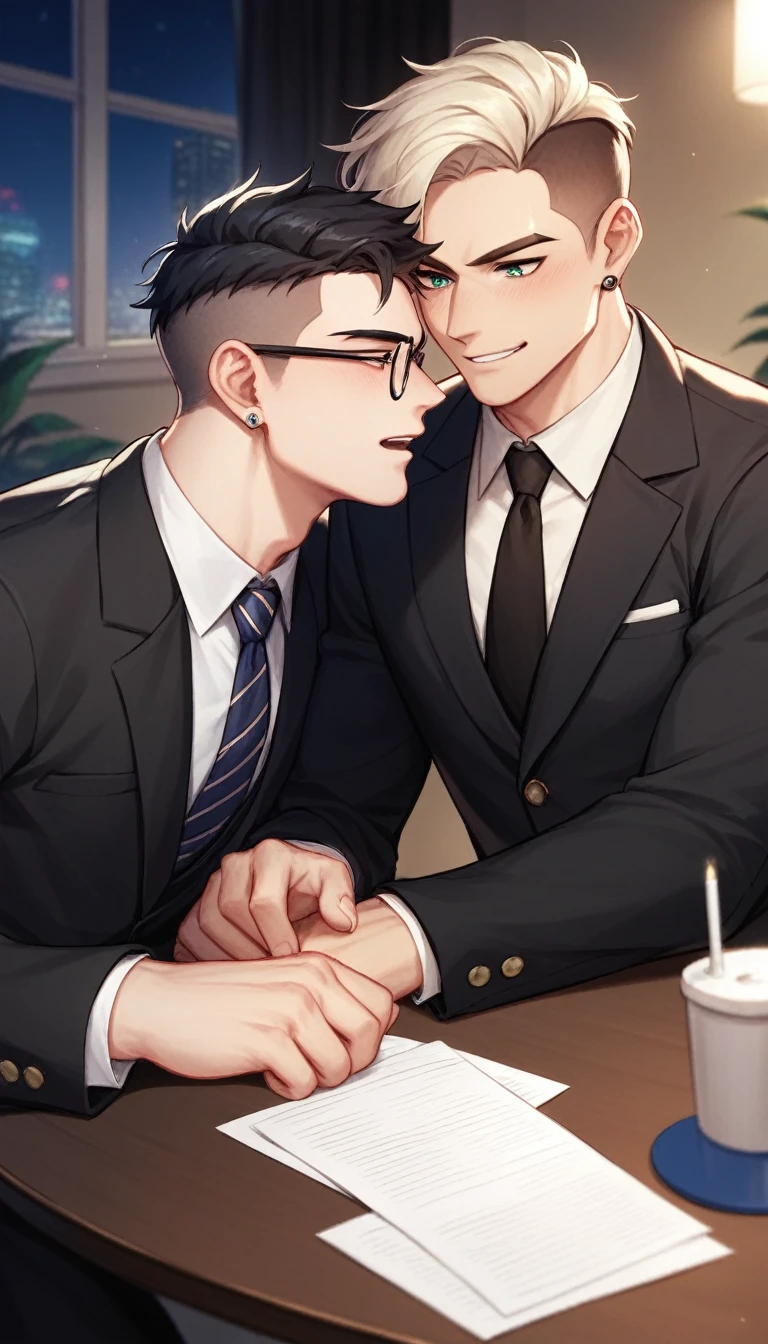 best quality, masterpiece, yaoi, 2boys, handsome young man with medium curtain bangs, short undercut blond hair, cute round face, glasses, black suit, he bends over on a table, another older man rips his pants open and exposing his big round ass, in dimly lit luxurious office, at night, cinematic lighting, dramatic shadows