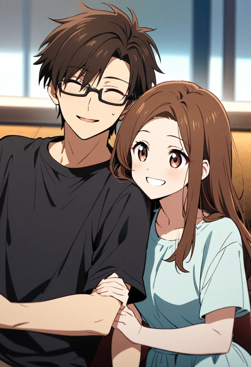 anime, two people, one beautiful female with long brown hair and no glasses, the other person is a male with short dark brown hair and black rimmed glasses, they are boyfriend and girlfriend, both smiling
