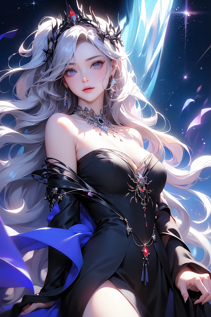 (masterpiece:1.5, Highest quality, Very detailed、 Dutch Angle、Semi-realistic、Fantasy)(One Girl, alone)(White and beautiful hair:1.4,,Straight Long Hair)(Dress in black tones、Fantasyの衣装)、((Off the shoulder、Mid-chest、ruby ​​necklace))(Beautiful cleavage、Legs wrapped in tights)(Beautiful starry sky、Mystical Night、Particles of light float around the woman、Fantasy space) Waiting to start
