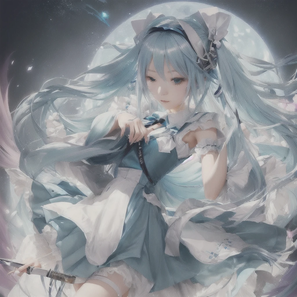 Anime girl with long blue hair and a white dress holding a knife, Pixiv contest winner, Nightcore, by Shimo, digital art on Pixiv, Pixiv, Hatsune Miku portrait, trending on artstation Pixiv, Zerochan Art, Anime Art Wallpapers 8K, Anime Style 4k, Mikudayo, Hatsune Miku portrait