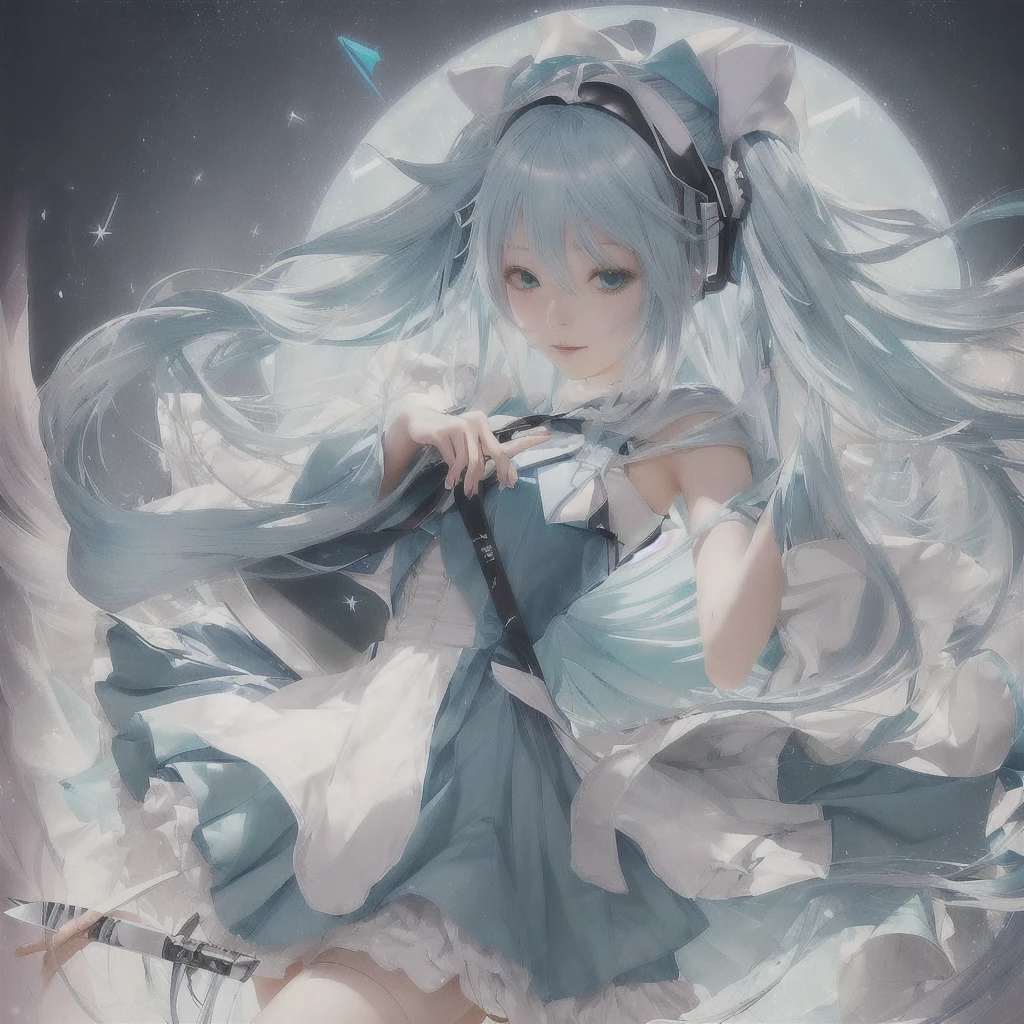 Anime girl with long blue hair and a white dress holding a knife, Pixiv contest winner, Nightcore, by Shimo, digital art on Pixiv, Pixiv, Hatsune Miku portrait, trending on artstation Pixiv, Zerochan Art, Anime Art Wallpapers 8K, Anime Style 4k, Mikudayo, Hatsune Miku portrait