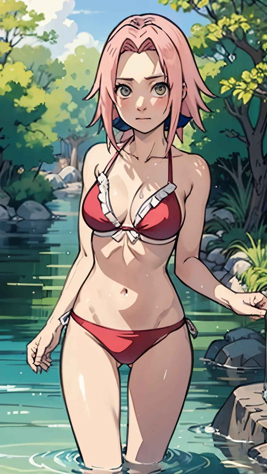 beautiful sakura haruno, with medium , lean body, wearing ruffled bikini, standing in water looking at viewer, embarrassed, looking straight to the viewer,
