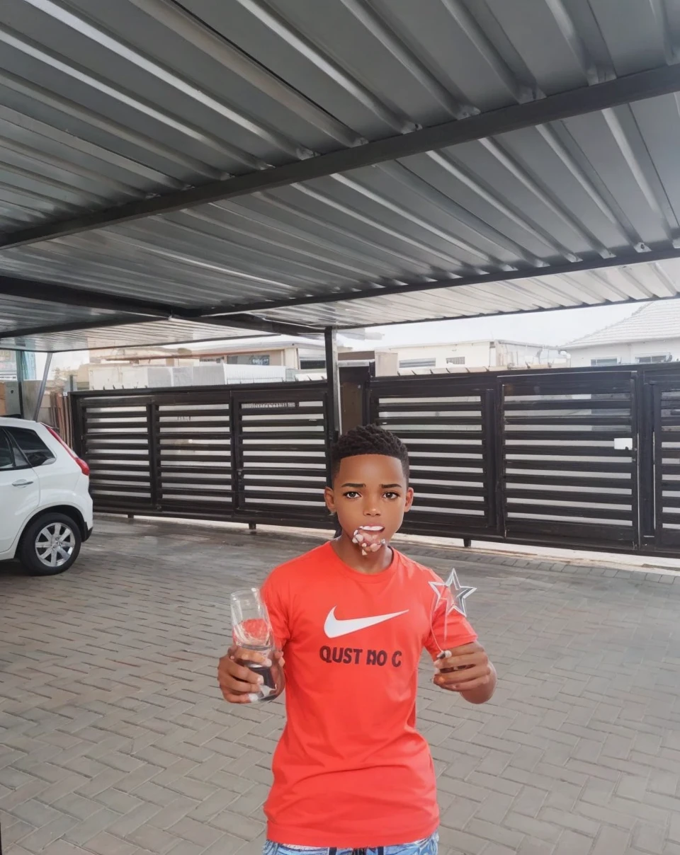 A black boy with a sqaure and trianglish face shape with normal brown eyes