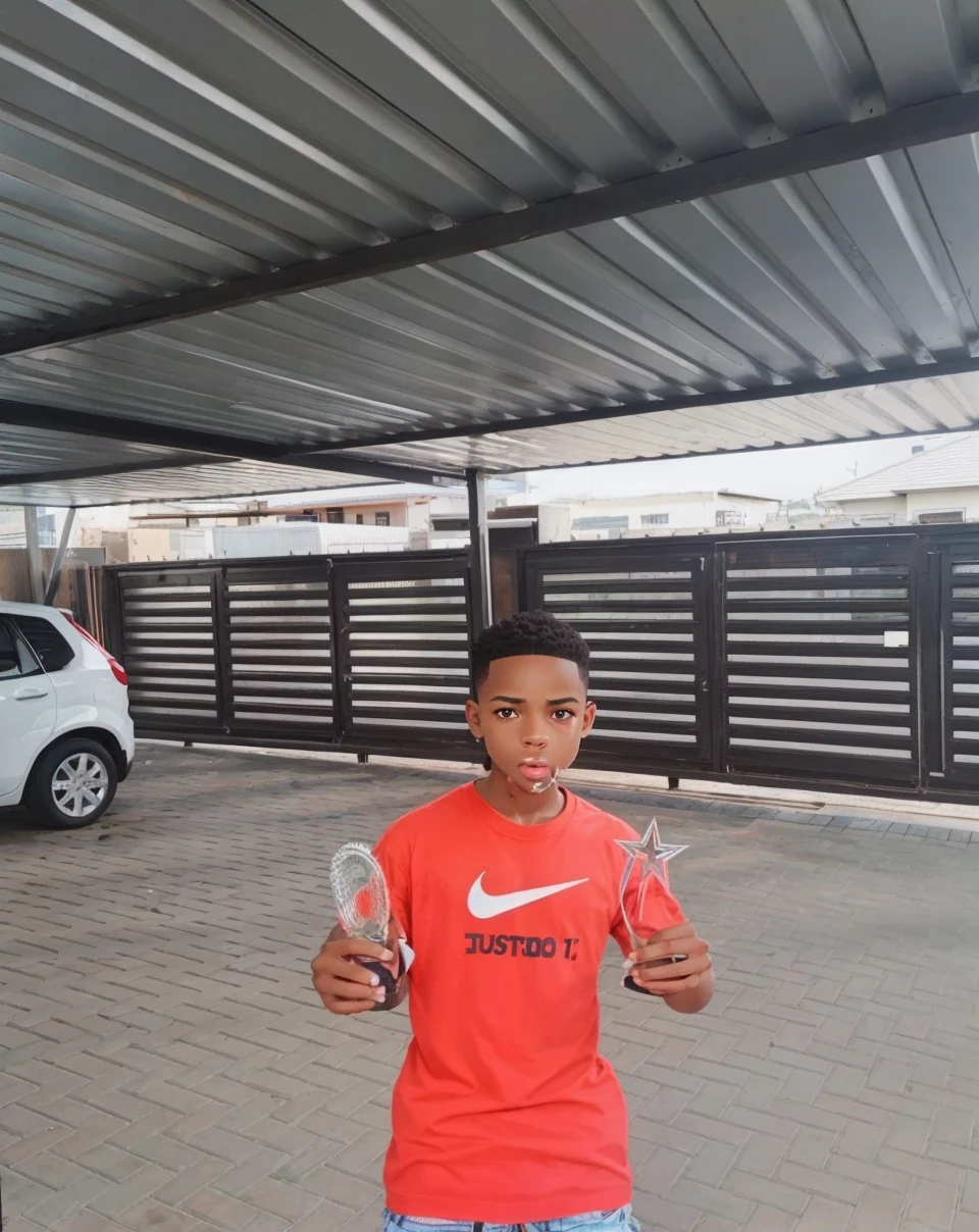 A black boy with a sqaure and trianglish face shape with normal brown eyes