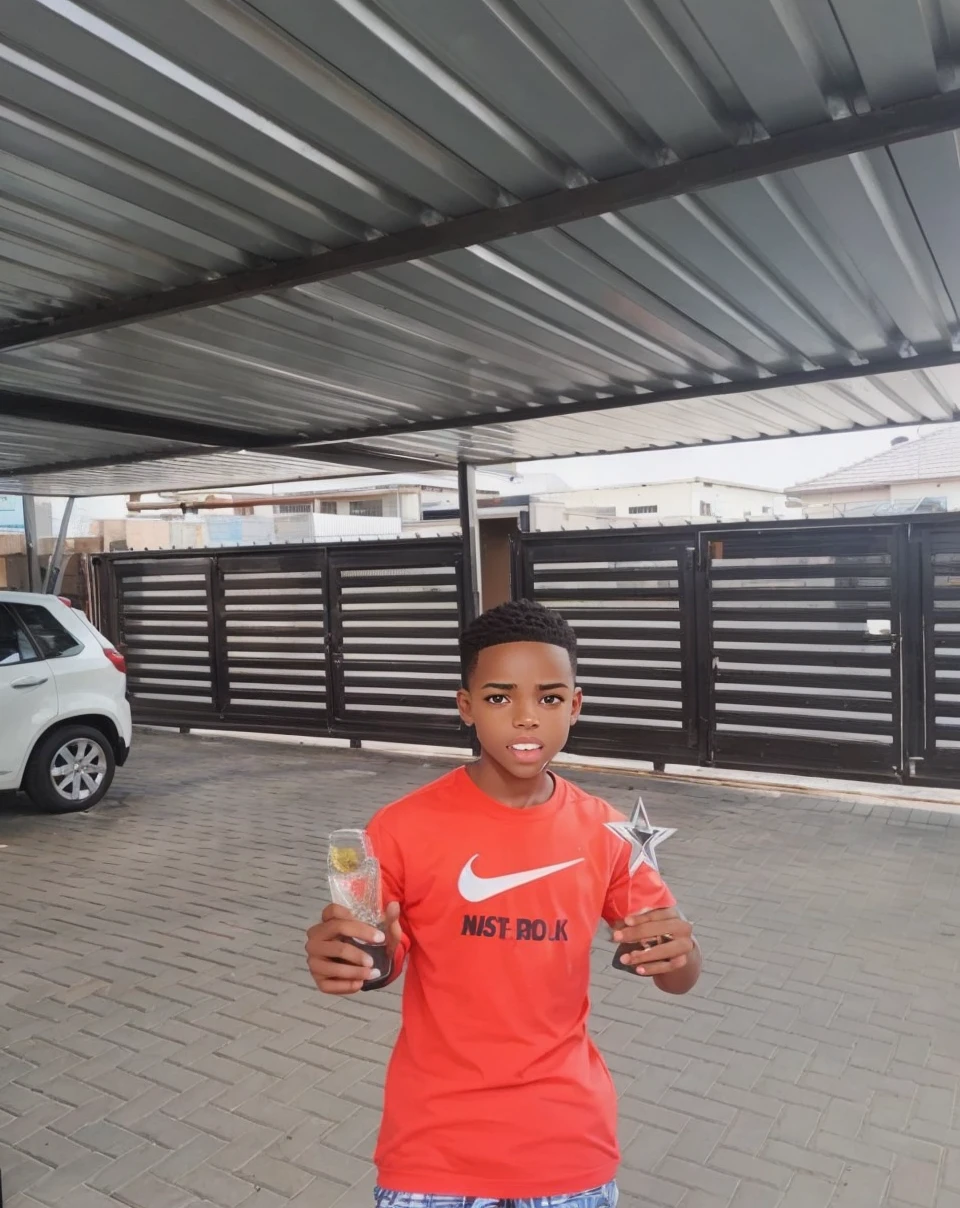 A black boy with a sqaure and trianglish face shape with normal brown eyes