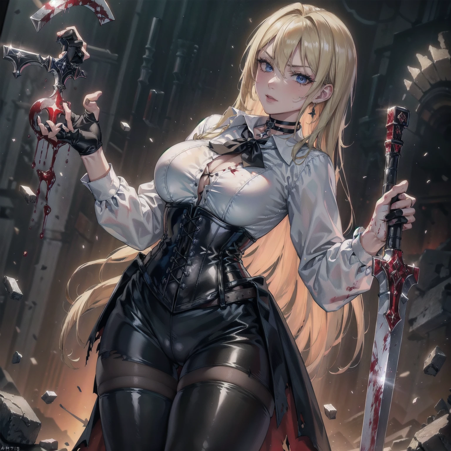 ((blood droplets)), ((blood)), ((blood splatter)), ((blood on clothes)) ((blood stain)), masterpiece, Superior image quality, High resolution, 4k image,photo and gross, photorealistic, Whole body, torn clothes, ung blonde of 15 yighting pose, {{{vagina}}}, easts, beau Long blonde hair, blue eyes, very detailed eyes, serious expression, choker:1.6, (white collar button down long sleeve shirblack gloves, gloves that cover hands, (wields a sword in his right hand), (black leather corset), (shiny black leggings), Sensual Lips, show details in the eyes, View from the front, looking at the viewer, standing in a dark room, at night, crimson sky,