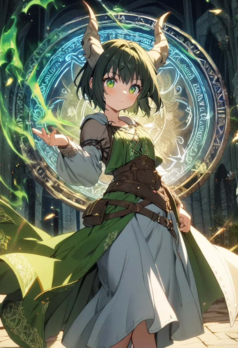 1Girl, cute, cool, green, black short hair, green eyes, dragon horn, magic circle, fantasy, medieval era, medieval cloth, dark