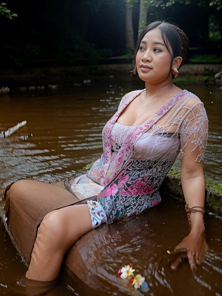Woman swimming in the river, wearing a Javanese kebaya, flowers in the ears, flirting with the camera (plump woman)