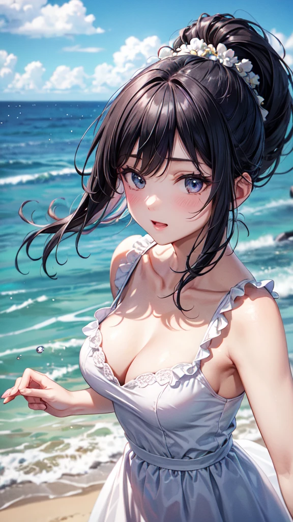 Very cute beautiful girl,A white sundress with delicate ruffles,(Very fine beautiful face), (lol),Black Hair, cloth,Beach,From above), (Highest quality,masterpiece:1.2),Absurd,High resolution,Very detailed,Very detailed,32K,8k resolution, Intricate details,Movie Scenes,Detailed Background,Dynamic Angle, Natural light,Hair blowing in the wind,Beautiful and detailed sky, (practical),ponytail,lol顔がかわいい全体像,Large breasts,微lolんでいる,bright,Holding back hair,もっとlolって,Five fingers,Touching hair,lol顔,lol顔,lol顔