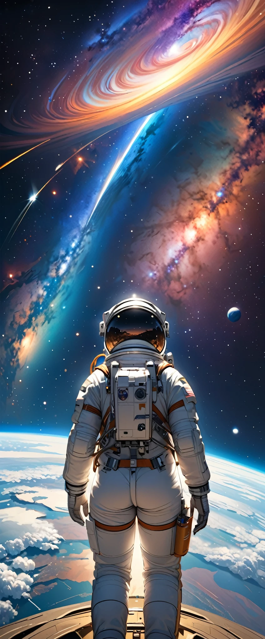 (masterpiece:1.2, Highest quality,High resolution,Very detailed),8k,wallpaper,Vast landscape paintings,One female,Back view,(Female astronaut doing a spacewalk),青く美しいEarth,Spacesuit,Milky Way,milky way,Earth,(Illustrating the spaceship floating),(((Hand,detailed,perfect,perfection,hands))),(dynamic)