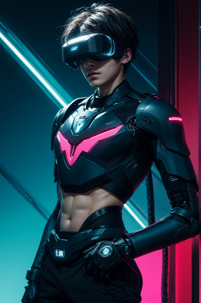 best quality, head-mounted display,
(1 boy), twink, exposed belly and lower chest, surrounded by azure neon, short black hair, short black hair, NodesTech mascara, NodesTech headdress, wearing crop top cyborg armor
BREAK sci-fi background, detailed background, azure neon background, data