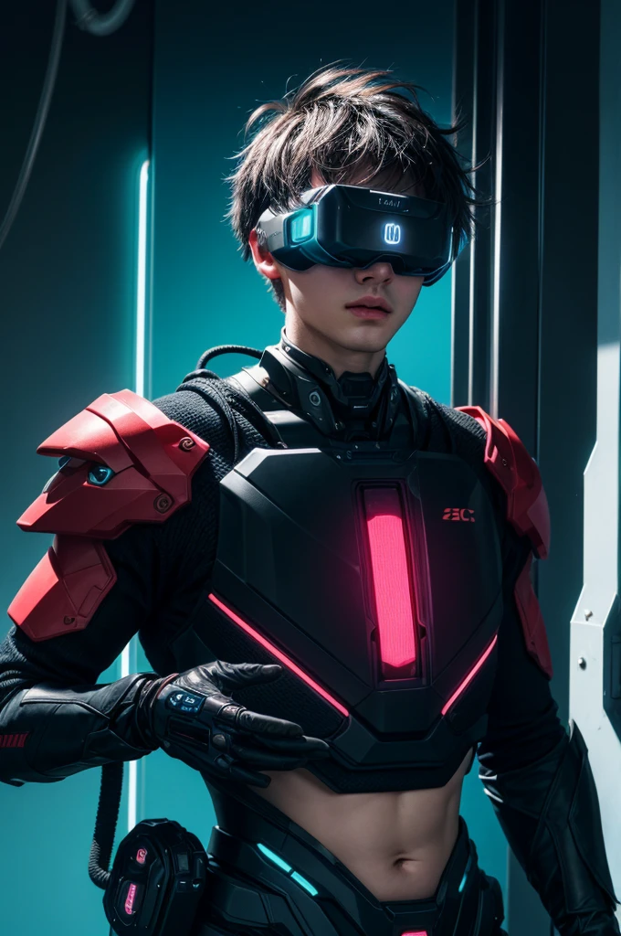 best quality, head-mounted display,
(1 boy), twink, exposed belly and lower chest, surrounded by azure neon, short black hair, short black hair, NodesTech mascara, NodesTech headdress, wearing crop top cyborg armor
BREAK sci-fi background, detailed background,  azure neon background, data  