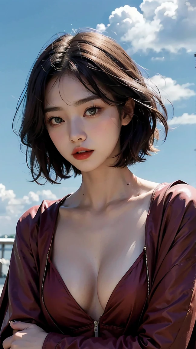 一名女子身穿精致的超人clothing,Long sleeves that cover the entire body, Black short hair, Serious face, (Flying in the sky), Bright colors, Dramatic Lighting, Red Cape, clothing, Carbon fiber detail set,Bare chest