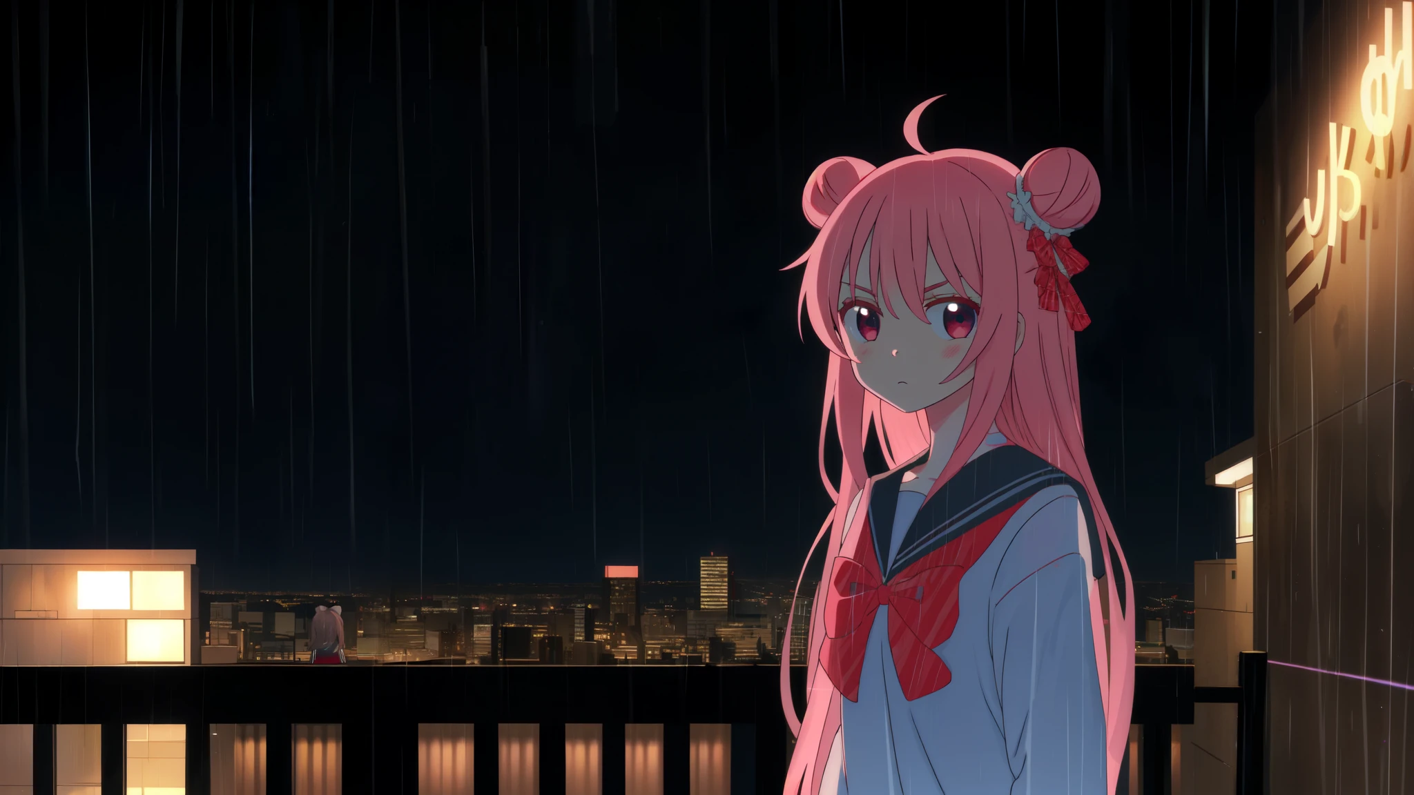 masterpiece, best quality, looking at viewer, facing viewer, bare legs, 1girl, solo, upper body, bow, serafuku, sad face, blushing, night time, raining, outdoors, city