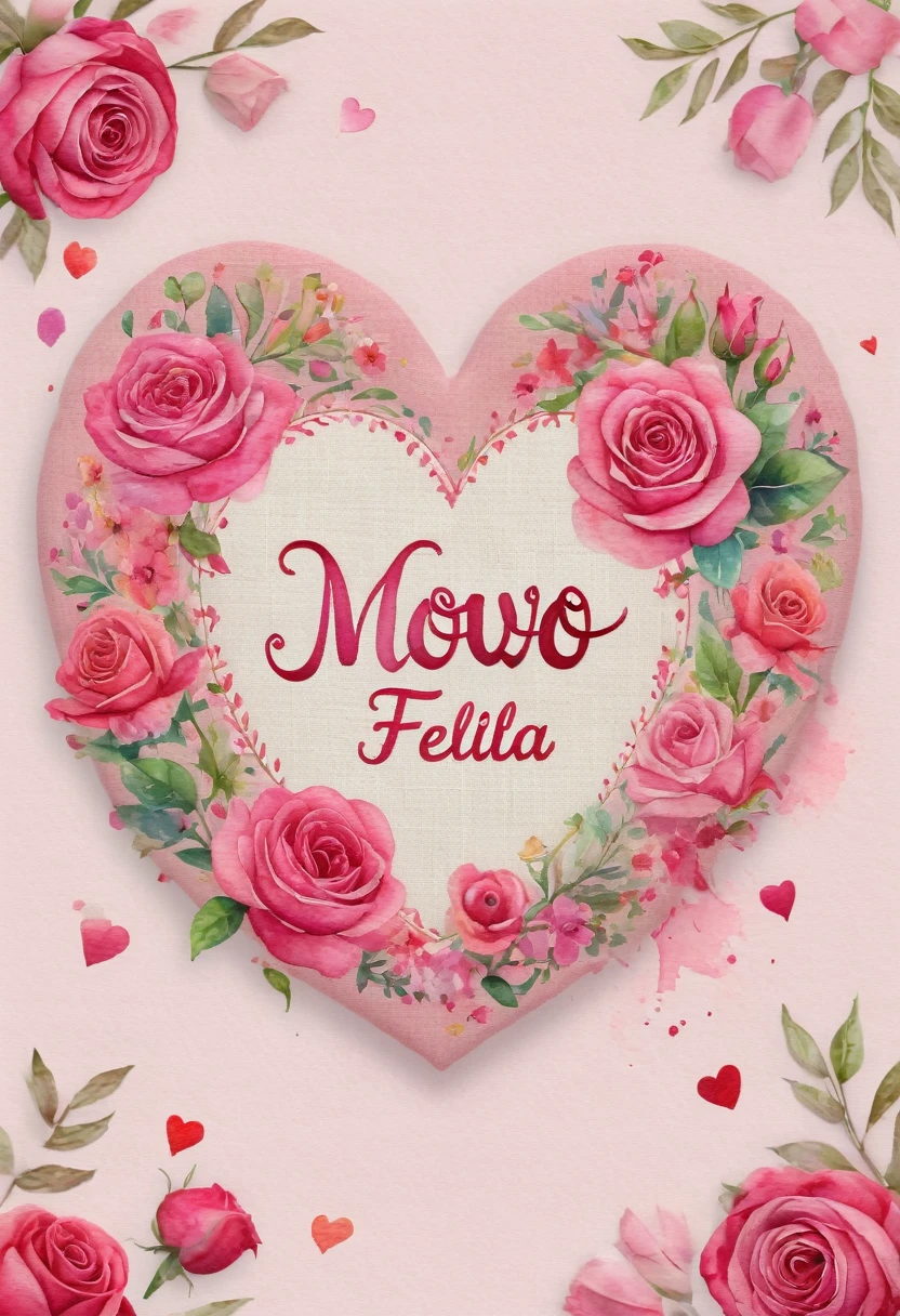 bag made of linen, is heart shaped, Floral frame, Delicate watercolor flowers in vibrant shades of pink and pink, Engaging illustrations, logo text sign that says the word "novo dia feliz", Creative font design, typeface , spirit of rose, rose theme, (best quality, masterpiece, representative work, official artwork, professional, ultra-high details, 8k:1.3)