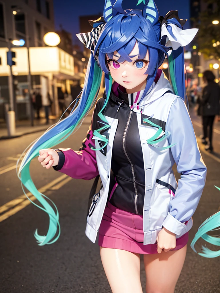 (Masterpiece, best quality, high res、highly detailed cg: 1), Standing on a street corner night, I suddenly feel a gaze upon me. Following the gaze, I see a streetwalker standing nearby. She doesn't approach or call out, but her eyes are filled with temptation, quietly standing but making it impossible to look away once our eyes meet. Twin_Turbo_Umamusume, aqua hair, twintails, heterochromia, purple eyes, blue eyes, sharp teeth,hores tails, nsfw, short stature, open coat, Showing her underwear, (Blush, half closed eyes)