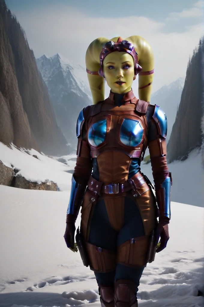 a ((fall body)) (((hera syndulla))) ((green skin )) ((female twi'lek ))mandalorian,walking on snow, ((green fire eyes )) , beautiful detailed eyes, beautiful detailed lips, extremely detailed face, long eyelashes, mandalorian armor, sci-fi, cinematic lighting, dramatic, epic, intricate details, hyper-realistic, 8k, high-quality, photorealistic