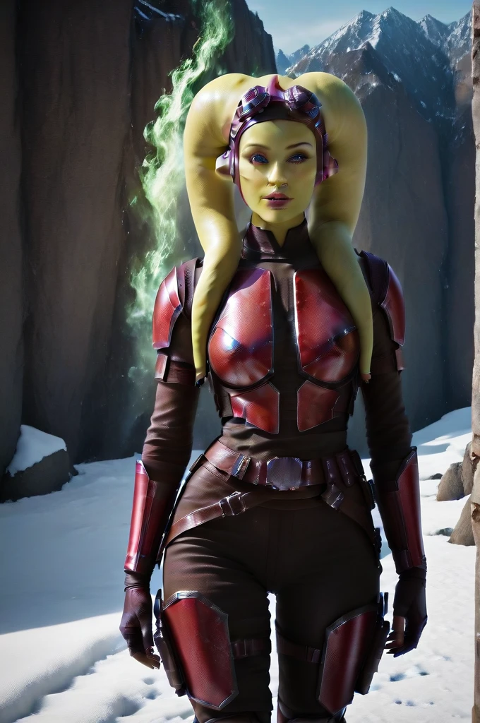 a ((fall body)) (((hera syndulla))) ((green skin )) ((female twi'lek ))mandalorian,walking on snow, ((green fire eyes )) , beautiful detailed eyes, beautiful detailed lips, extremely detailed face, long eyelashes, mandalorian armor, sci-fi, cinematic lighting, dramatic, epic, intricate details, hyper-realistic, 8k, high-quality, photorealistic