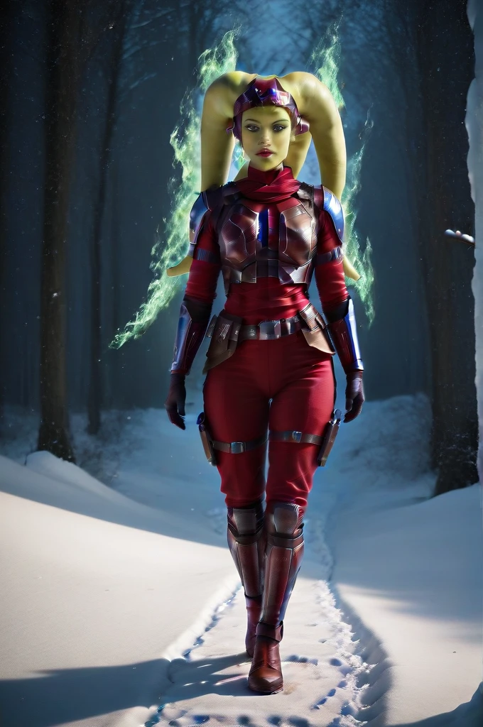 a ((fall body)) (((hera syndulla))) ((green skin )) ((female twi'lek ))mandalorian,walking on snow, ((green fire eyes )) , beautiful detailed eyes, beautiful detailed lips, extremely detailed face, long eyelashes, mandalorian armor, sci-fi, cinematic lighting, dramatic, epic, intricate details, hyper-realistic, 8k, high-quality, photorealistic