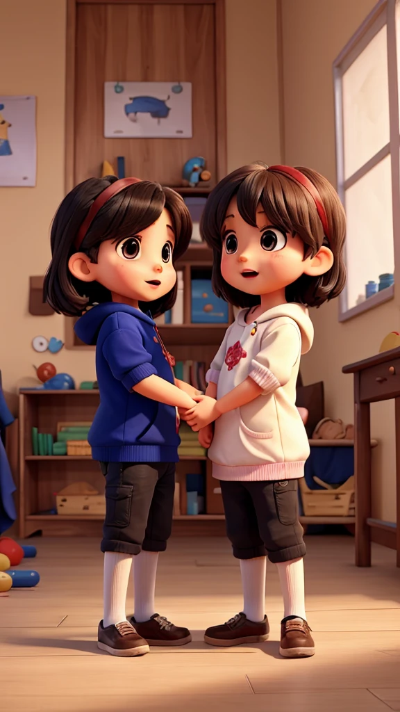 Two 3 year old children talking 