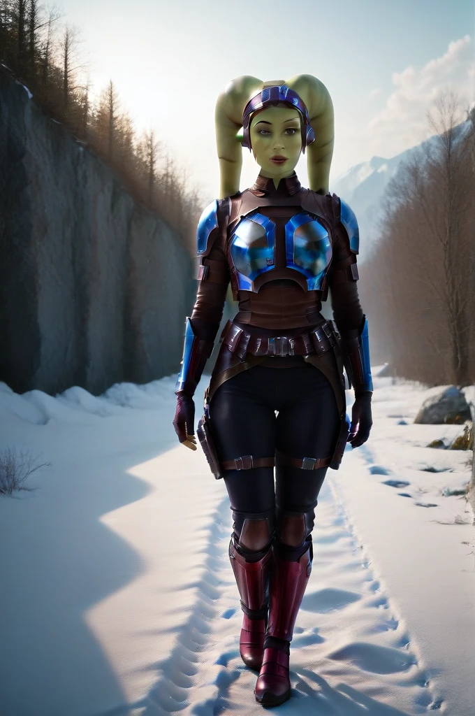 a ((fall body)) (((hera syndulla))) ((green skin )) ((female twi'lek ))mandalorian,walking on snow, ((green fire eyes )) , beautiful detailed eyes, beautiful detailed lips, extremely detailed face, long eyelashes, mandalorian armor, sci-fi, cinematic lighting, dramatic, epic, intricate details, hyper-realistic, 8k, high-quality, photorealistic
