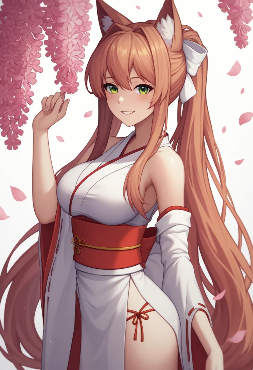 (masterpiece, best quality:1.2)((coral brown hair))((emerald green eyes)),solo,1girl,monika(doki doki literature club), animal_ears,(standing_fox_ears),hair_between_eyes, miko_clothing, japanese_clothing , sleeveless_shirt, ((sexy_miko_clothing))