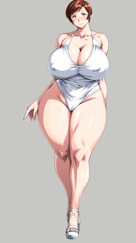 masterpiece, highest quality, High resolution, One girl, solo, sexual intercourse, Pornographic images, short hair, etsukoto, brown Eyes, fine grain, fine grain, long legs, (((Thick thighs, Plump thighs, Voluptuous thighs, Thighs alone are enough))), ((Huge and ample breasts, Cleavage, big long breasts)), Naughty big,((big breasts are important))、((Naughty thighs)), L Cup, (thin:1.4),(Tight waist:1.4), (white swimsuit:1.4), anguish, blash, (((Simple Background))), ((Wide Hips)), Shiny, Oily skin, Mature mother, Calf, Seductive mature woman, milf, Perfect body, Plus Size Model, curvy, ample, etsukoto, blush, clavicle, retro artstyle, 1990s (style), (thick thighs:1.4), full body, feet,