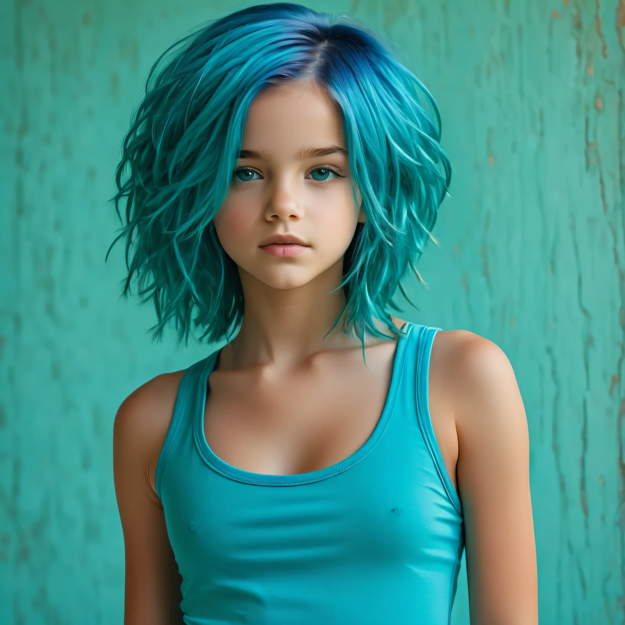 ((12 years old, girl, robust body, breasts)), beautiful, turquoise hair, standing, model pose, full body.