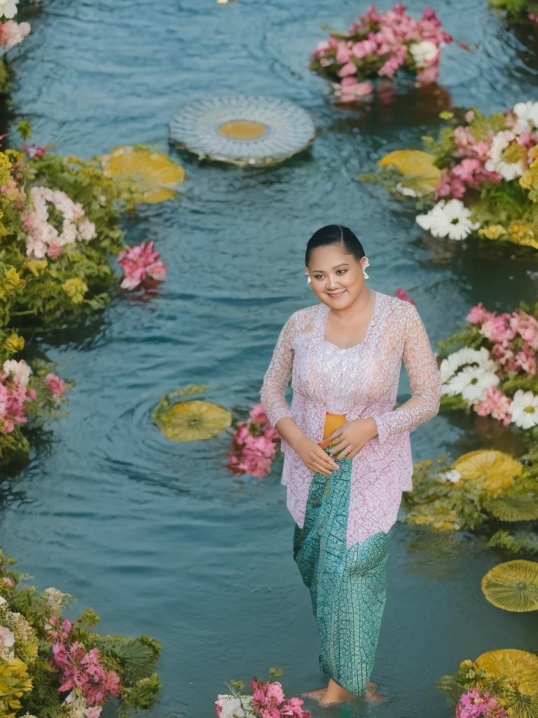 Woman swimming in the river, wearing a Javanese kebaya, flowers in the ears, flirting with the camera (plump woman)