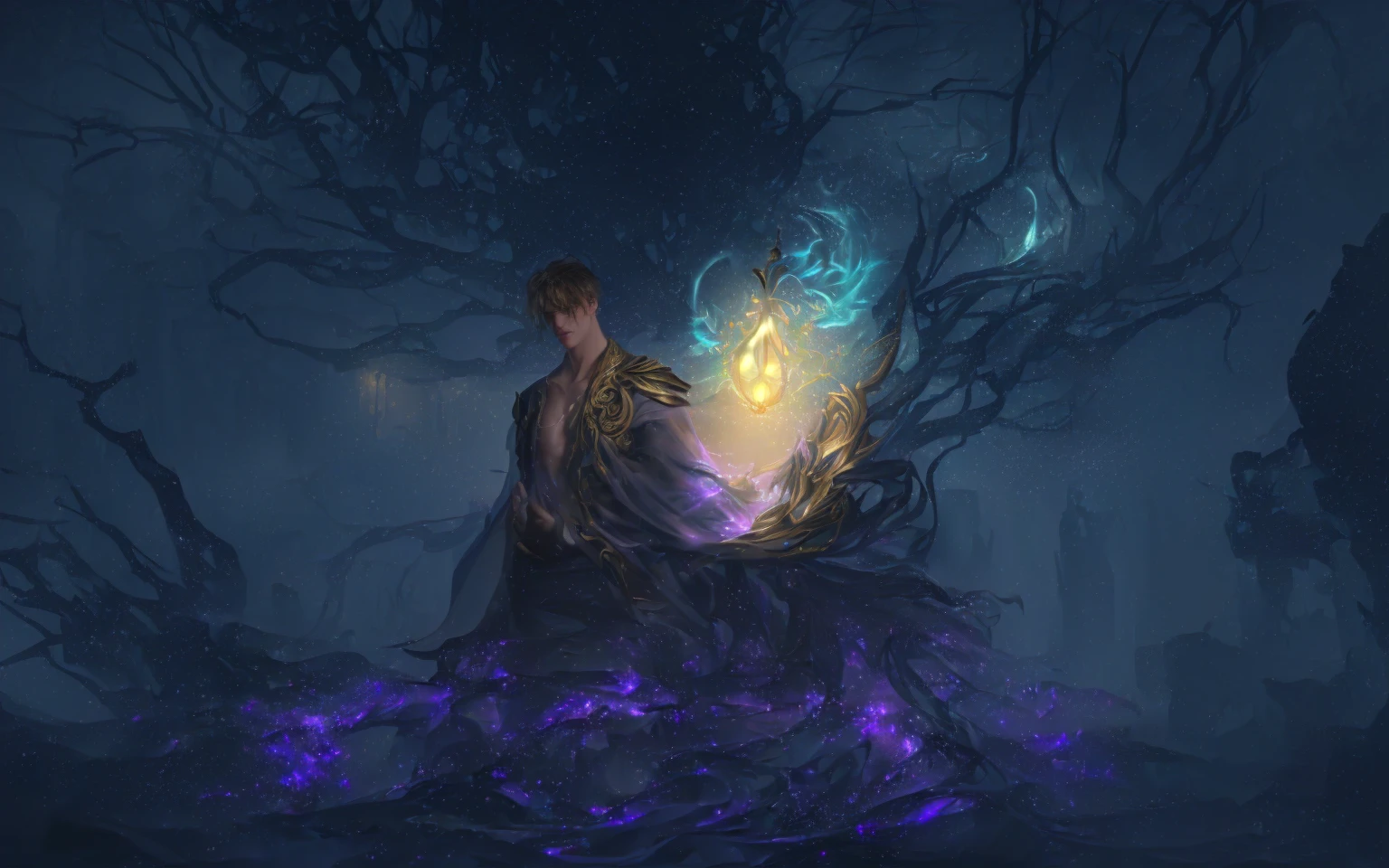 Generate a digital painting of a handsome, clean-shaven young man with prominent chest muscles, set in a mystical and ethereal environment. The scene is bathed in soft, magical light with a spectrum of rainbow colors illuminating his face, casting an enchanting glow on his features. The background features a dark, starry night sky with shimmering particles and distant, mystical landscapes. Include elements such as a gentle, glowing mist, floating lanterns, and subtle, ancient ruins partially covered in ivy. The overall atmosphere should evoke a sense of tranquility, mystery, and otherworldly beauty, with a focus on intricate details and a dreamlike quality.