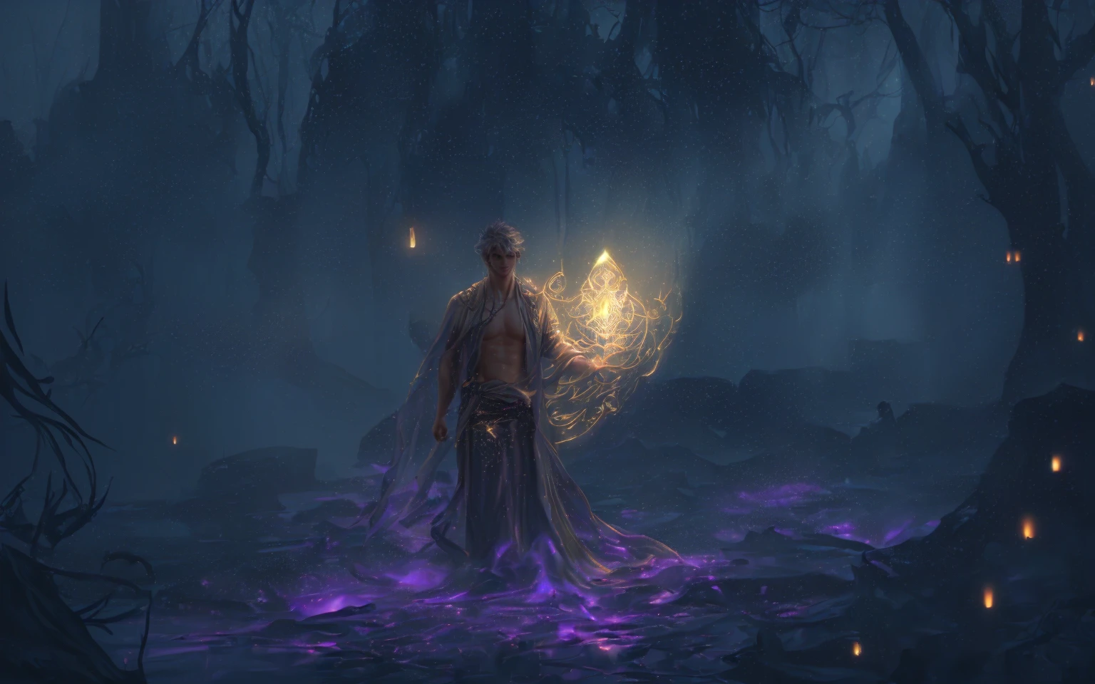 Generate a digital painting of a handsome, clean-shaven young man with prominent chest muscles, set in a mystical and ethereal environment. The scene is bathed in soft, magical light with a spectrum of rainbow colors illuminating his face, casting an enchanting glow on his features. The background features a dark, starry night sky with shimmering particles and distant, mystical landscapes. Include elements such as a gentle, glowing mist, floating lanterns, and subtle, ancient ruins partially covered in ivy. The overall atmosphere should evoke a sense of tranquility, mystery, and otherworldly beauty, with a focus on intricate details and a dreamlike quality.