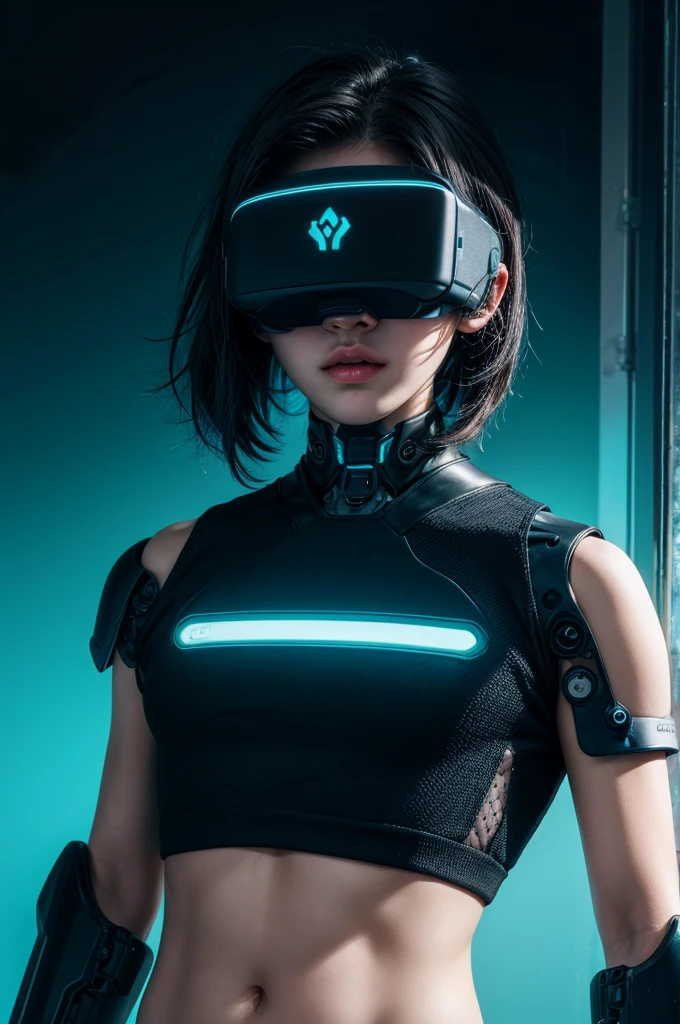 best quality, head-mounted display,
(1 boy), young 16 yo, twink, exposed belly and lower chest, surrounded by azure neon, short black hair, short black hair, NodesTech mascara, NodesTech headdress, wearing crop top cyborg armor
BREAK sci-fi background, detailed background,  azure neon background, data  