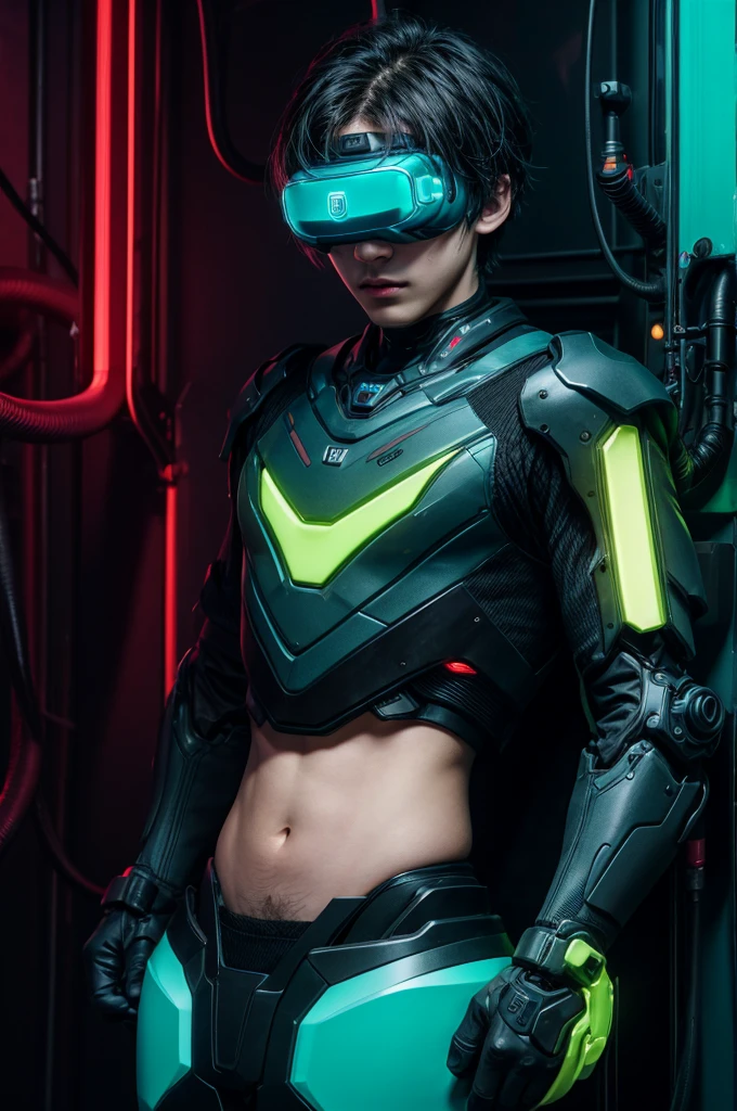best quality, head-mounted display,
(1 boy), young 16 yo, twink, exposed belly and lower chest, surrounded by azure neon, short black hair, short black hair, NodesTech mascara, NodesTech headdress, wearing crop top cyborg armor
BREAK sci-fi background, detailed background,  azure neon background, data  