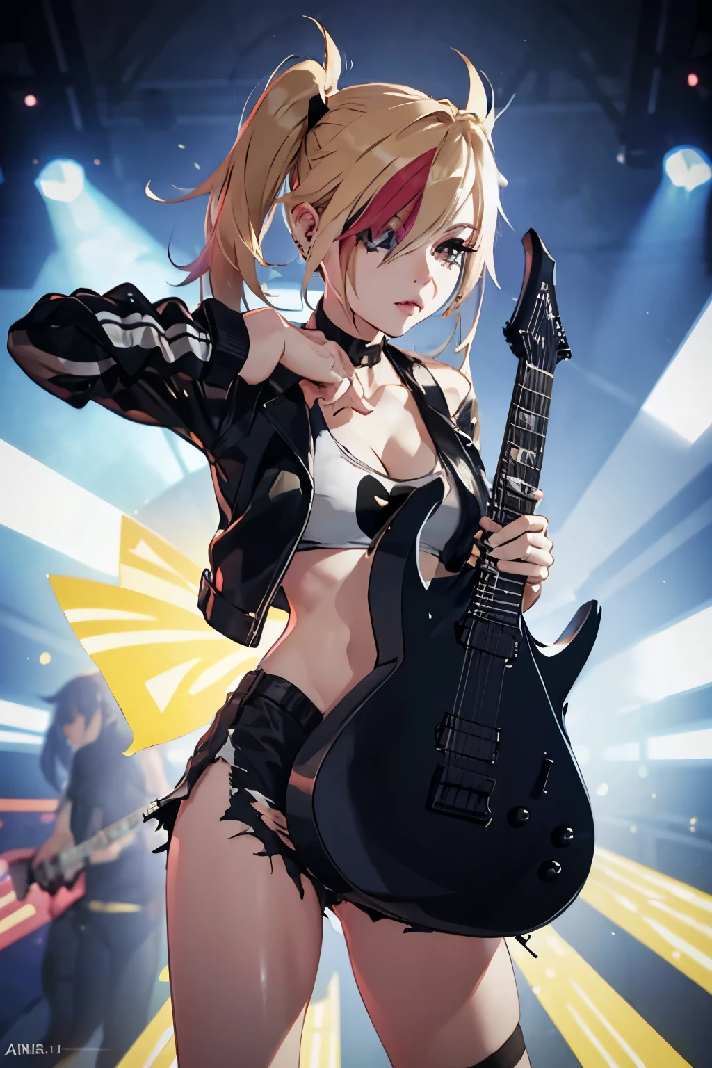 realistic:1.2, Rocker girl wearing a leather jacket,slim body shape、Normal bust size,  full body shot, １two electric guitars, clothes with spikes,white tank top、Navel exposed、low rise leather shorts,tattoo,earrings dark lipstick, blue eyes,blonde twintail hair,black ribbon, beautiful and perfect legs, confident look, punk style ,dynamic pose, dynamic lighting, brightly colored stage,colorful stage lights, ant alexa 65, 50MM lens