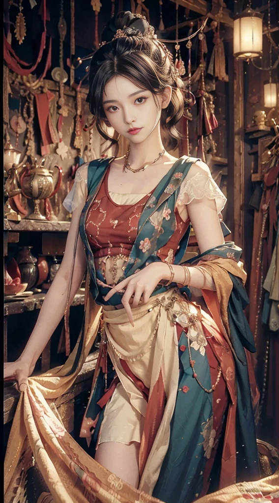((1 girl)),((Solitary)),((best quality)), (masterpiece),((high resolution)),beautiful girl,Model,Japanese,(No makeup),Medium to short hair,Brown hair,Perfect body,Antique shop,flat chest,Lace vest dress,The clothes fit the body,Beautiful body contour,Flat chest,The clothes fit the body