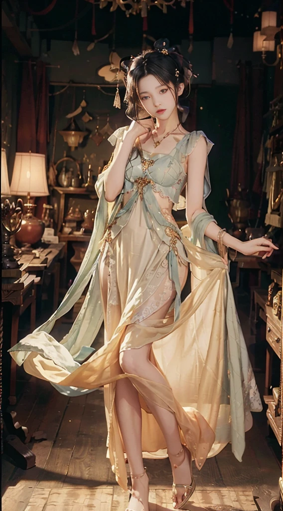 ((1 girl)),((Solitary)),((best quality)), (masterpiece),((high resolution)),beautiful girl,Model,Japanese,(No makeup),Medium to short hair,Brown hair,Perfect body,Antique shop,flat chest,Lace vest dress,The clothes fit the body,Beautiful body contour,Flat chest,The clothes fit the body
