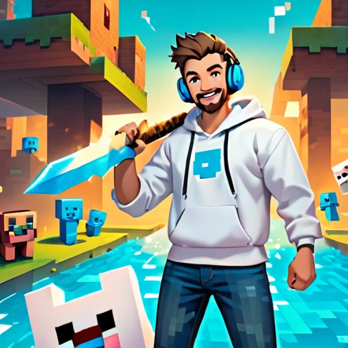 (Male), (6'2"), (Brown spiked pompadour hair), (Close shaven brown full beard) (White Hoodie), (Navy jeans), (Black gaming headphones around neck), (Smiling), (wielding a blue teal sword and a wooden bow), (Surrounded by Ghosts and Minecraft Monsters), (in a Blocky world)