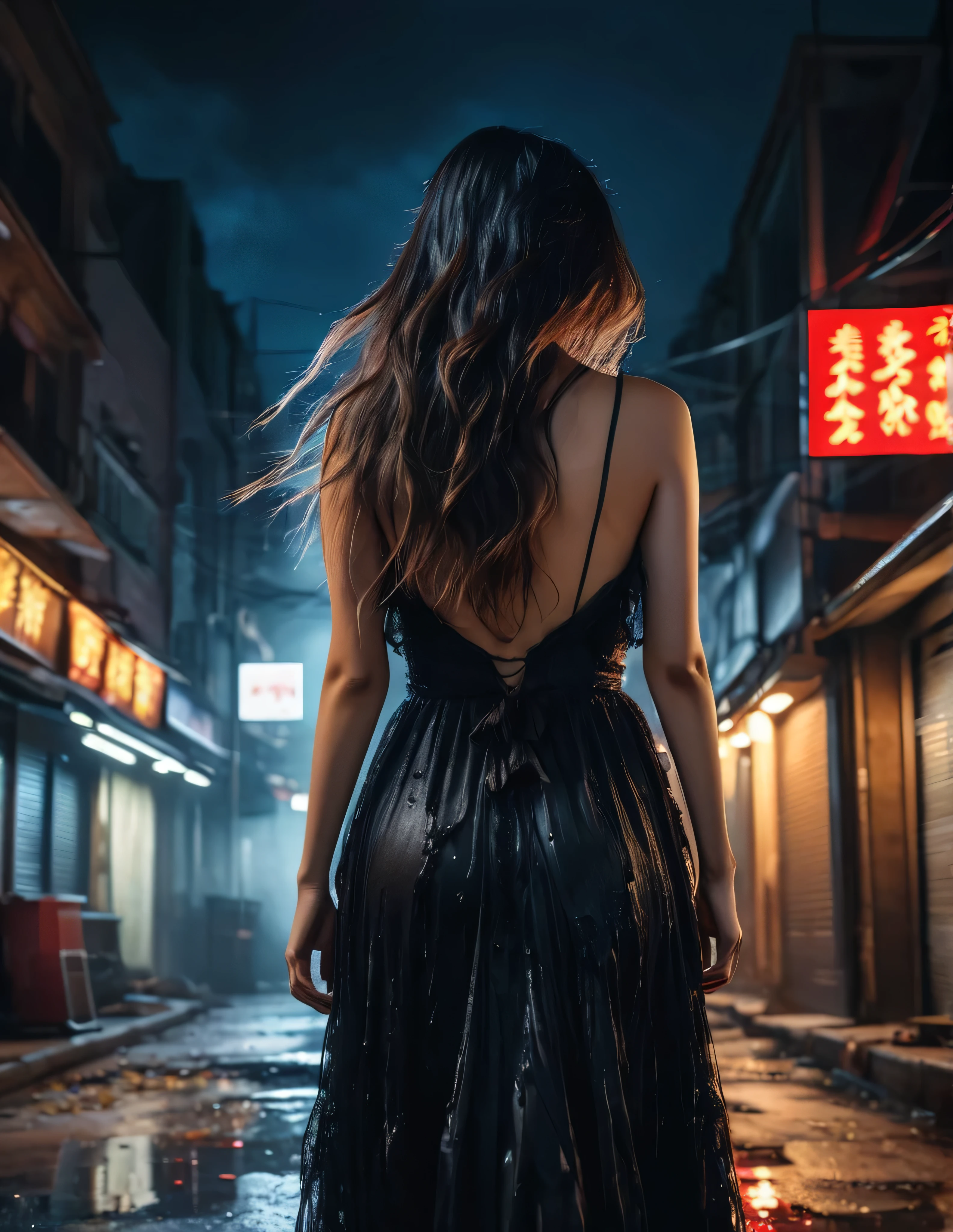 quality(8k wallpaper of extremely detailed CG unit, ​masterpiece, hight resolution, top-quality, top-quality real texture skin,hyper realisitic, digitial painting,increase the resolution,RAW photos，best qualtiy,highly detailed,the wallpaper),BREAK,8K, yuika  in black messy and long dress , darkfantasy, standing in middle of city , shot from back, long messy  hair, night, horror scene, horror movie, horror mood, dramatic lights 