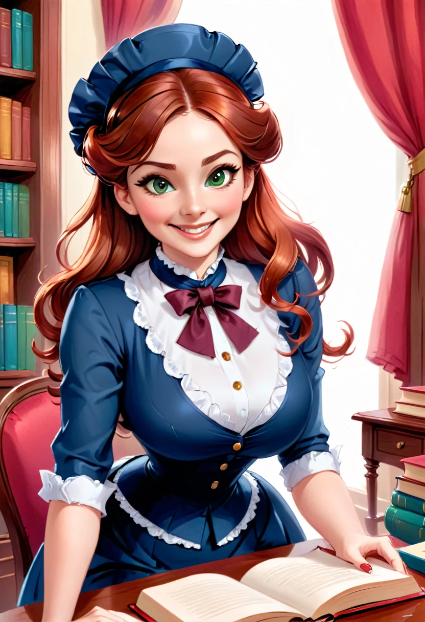 A colored pencil drawing of a pretty smiling happy victorian governess, curly auburn red hair. Kind and inteligent, joyful energy. hair in bun, hat. book of poetry in hand.
